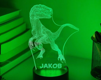 Personalised Dinosaur Velociraptor 3D Night Light | Gift for Kids | Personalised Gift | Desk Lamp