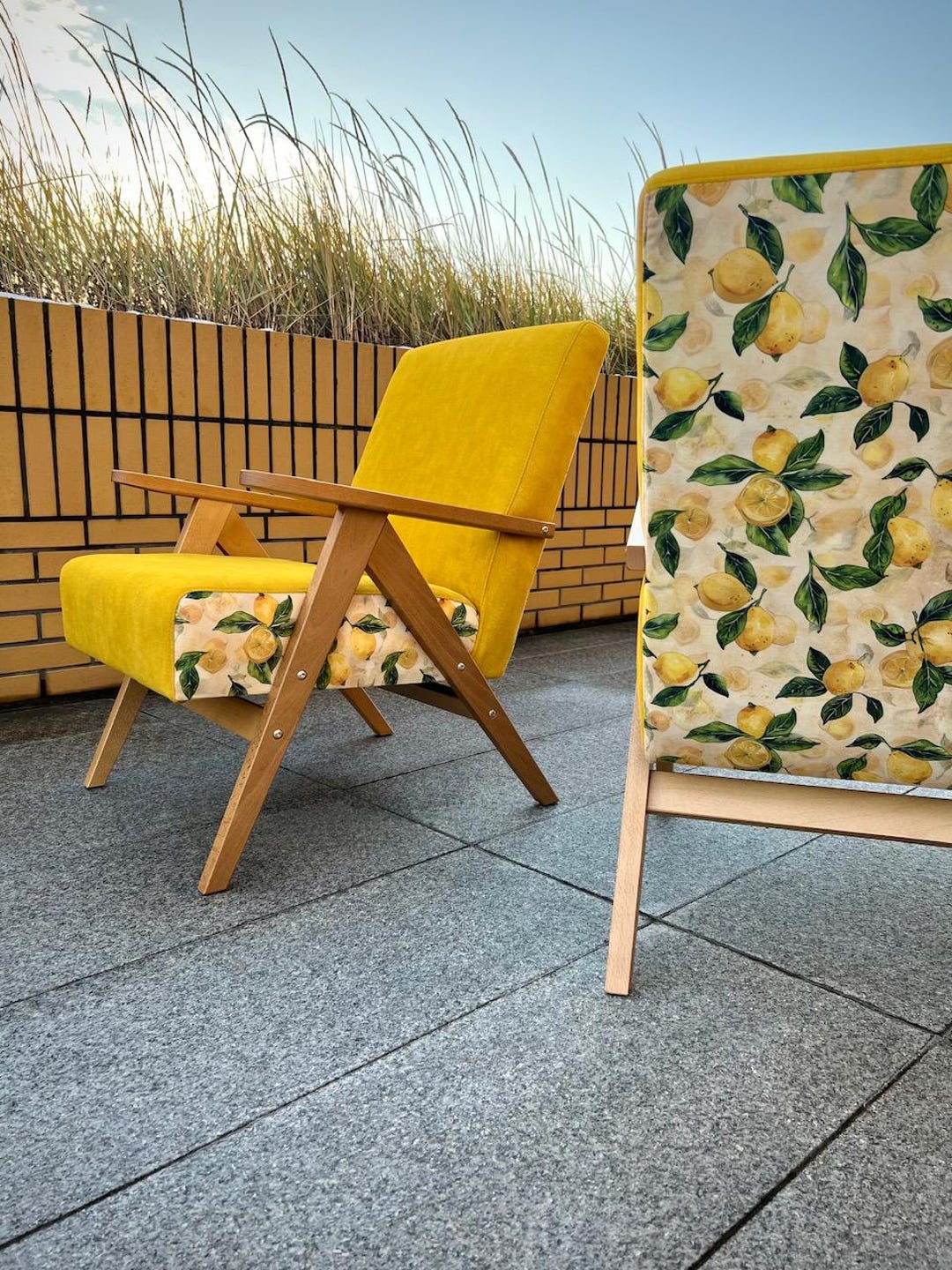 Sessel im Mid-Century-Stil, Buchenholz, Retro-Zitronen, Vintage-Gelb