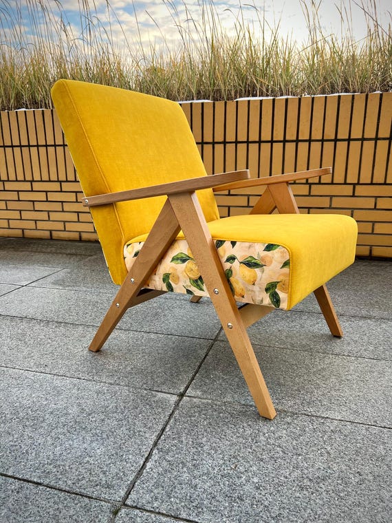 Sessel im Mid-Century-Stil, Buchenholz, Retro-Zitronen, Vintage-Gelb