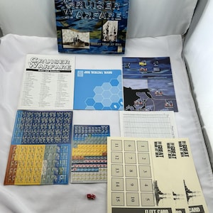 Puede incluir: Un juego de mesa llamado "Cruiser Warfare: Great War at Sea" con un mapa azul y blanco, una hoja de registro del jugador y una carta de flota. El juego incluye un mapa táctico naval, reglas y escenarios, y una hoja de registro del jugador.