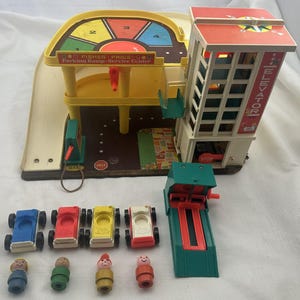 May include: Vintage Fisher-Price Parking Ramp Service Center toy set. The set includes a yellow parking garage, an elevator, a gas pump, a ramp, several colorful toy cars, and small toy figures. The set has the words "Fisher-Price Parking Ramp Service Center" printed on it.