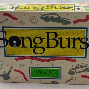 May include: A vintage "SongBurst" board game box, 70's & 80's edition. The box features the game's title in large black letters with a record graphic. Decorative elements include cars, musical notes, and the text "Baby on Board!"