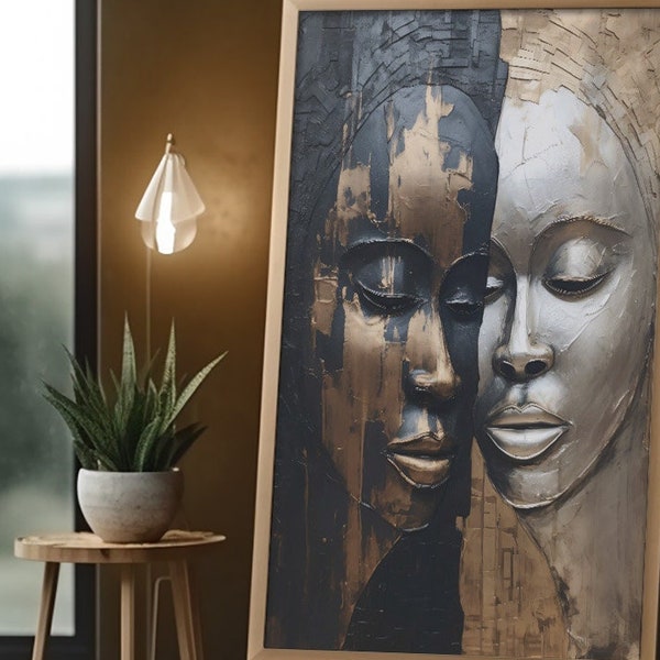 African american wall art for living room, Two faces with faces painting, in the style of dark silver and white, dark black and gold