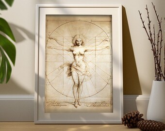 Vitruvian Woman Fine Art Sketch: Renaissance-Inspired Proportions, Versatile Digital Download for Wall Decor, Posters, and Book Covers