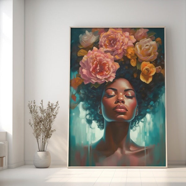 Black Girl With Pink Flowers Head Woman - Modern Minimalist Bedroom Wall Art Decor Poster, Digital download