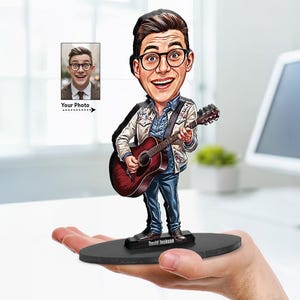Personalized Guitarist Gift for Him | Custom Wooden Caricature Figurine | Unique Gift for Musician | Guitar Player Portrait from Photo