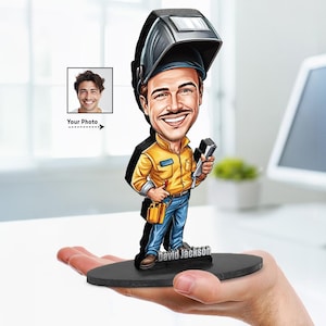 Caricature personnalisée d'un soudeur avec un portrait au chalumeau à partir de votre photo | Décoration de table | Bijou figurine 3D en bois - BL109