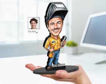 Personalized Caricature of a Male Welder with a Welding Torch Portrait From Your Photo | Tabletop Decor | 3D Wooden Figurine Trinket - BL109
