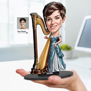 Personalized Harp Player Gift | Harp Teacher Caricature Portrait From Your Photo | 3D Wooden Figurine Trinket | FH1346