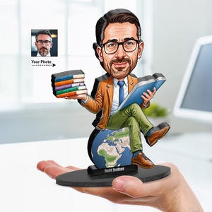 Regalo personalizado para profesores de geografía / Retrato en caricatura de un geógrafo a partir de su foto / Figura de madera en 3D / GM2584