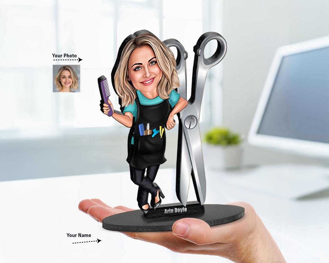 Hair Stylist Gift | Custom Barber | Hairdresser Gift | Caricature Portrait From Your Photo | Personalized Wooden Cartooned Figurine Trinket