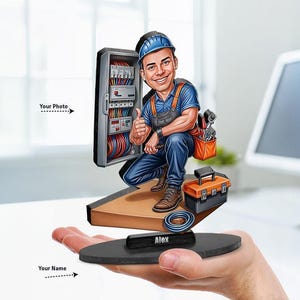 Gepersonaliseerd cadeau elektrotechnisch ingenieur, grappig grappig elektronica-karikatuurportret van je foto, unieke cadeau-ideeën met je foto en naam