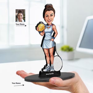 Tennis Player of the Year Gift | Custom Female Tennis Figurine with Medal | Personalized Athlete Caricature from Your Photo