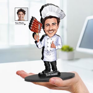 Personalized Funny Chef Gift for Men | Custom Male Chef Caricature Portrait From Your Photo | 3D Wooden Figurine Trinket | CHF45034
