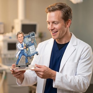 Puede incluir: Figura personalizada de acrílico de un médico sosteniendo una máquina médica. La figura de estilo caricatura lleva una bata blanca y un uniforme azul. La base de la figura tiene el texto "First & Last Name".