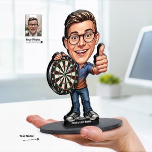 Custom Darts Player Gift | Personalized Bullseye Caricature Figurine for Pub Champion or Man Cave Decor | Funny Trophy, Magnet & Keychain