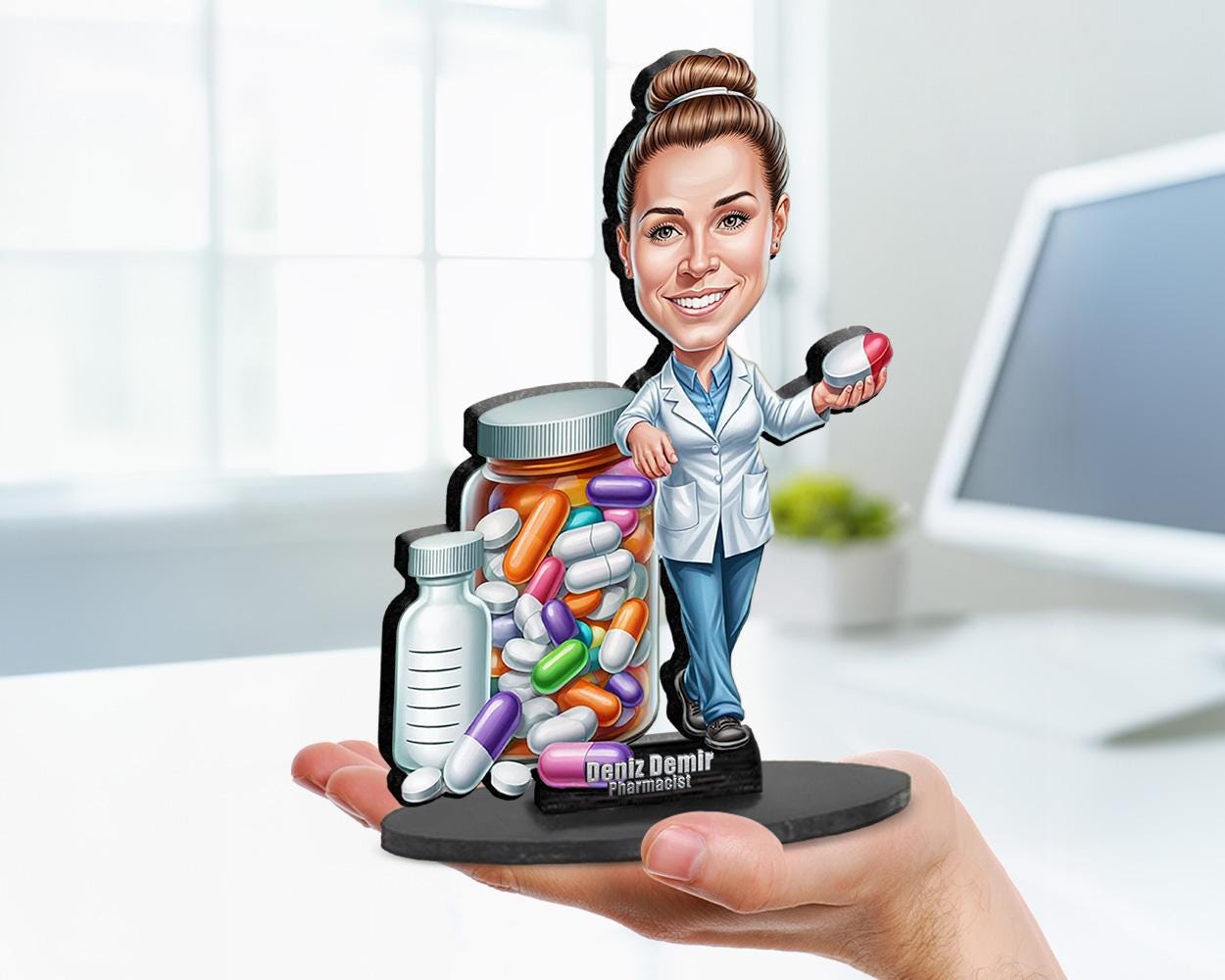 Custom Female Pharmacist Gift – Personalized Funny Figurine, Magnet, Keychain & Car Charm – Graduation or Birthday Portrait from Photo