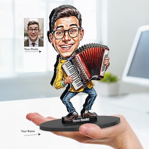 Caricatura personalizada de acordeonista • Presente para músico • Pacote para banda de polka OU estátua de acrílico • Troféu personalizado para professor de música