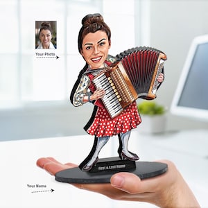 Female Accordionist Figurine | Personalized Accordion Caricature Gift from Your Photo and Name | Custom Figurine Magnet Keychain Car Charm