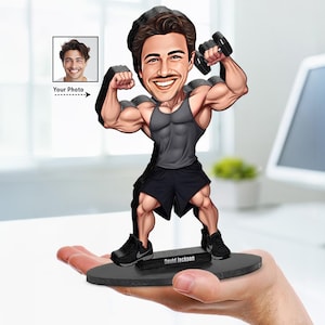 Gepersonaliseerde bodybuildercadeau voor mannen | Karikatuurportret fitnesstrainer van je foto | 3D houten beeldje snuisterij | FIT242