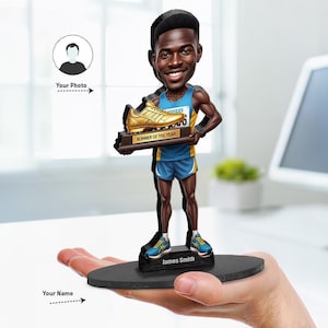 Runner of the Year Gift | Custom Black Male Athlete Figurine with Golden Shoe | Personalized Track Star Caricature from Photo