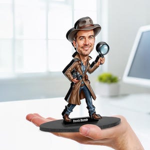 Custom Private Investigator Gift – Funny Detective Caricature Figurine, Magnet, Keychain & Car Charm from Your Photo