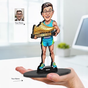 Custom Marathon Runner Gift for Men | Funny Running Figurine with Golden Shoe | Personalized Magnet, Keychain, Car Charm