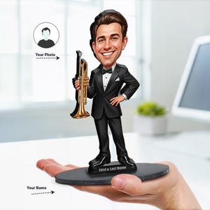 Male Trumpet Player Figurine | Personalized Jazz Band Caricature Gift from Your Photo | Custom Figurine Magnet Keychain Car Charm