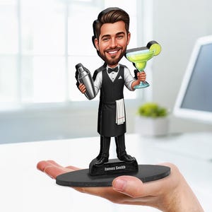 Personalized Bartender Gift for Men – Custom Funny Caricature Figurine, Magnet, Keychain & Car Charm – Portrait from Your Photo