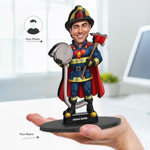 Personalized Superhero Firefighter Gift | Custom Funny Figurine with Hose - Axe | Magnet, Keychain & Car Charm from Your Photo