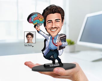 Personalized Computational Custom Neuroscientist Gift for Men | Neurosurgeon Caricature Portrait From Your Photo | Wooden Figurine Trinket