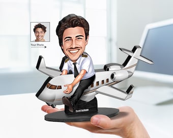 Personalized Airline Pilot Gift | Pilot Retirement Caricature Portrait From Your Photo | 3D Wooden Figurine Trinket | Pln2011
