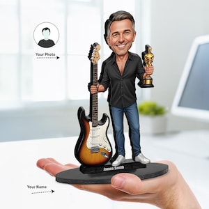 Custom Electric Guitar Figurine with Trophy | Personalized Gift for Guitarist or Music Teacher | Funny Magnet, Keychain, Car Charm