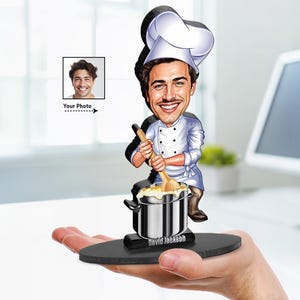 Gepersonaliseerde grappig chef-kokcadeau voor mannen | Karikatuurportret mannelijke chef-kok van jouw foto | 3D houten beeldje snuisterij | CHF 45033