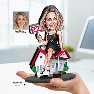 Aangepaste karikatuur makelaar • Sluitingscadeau makelaar • Vastgoedpakket van 4 stuks OF acrylbeeld • Gepersonaliseerde huisflippertrofee