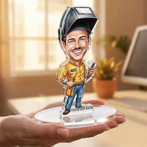 Aangepaste fotofiguur lasser • Gepersonaliseerde bureauhouder metaalfabrikant • Afstudeercadeau voor pijpleidinglasser