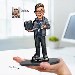 Cadeau personnalisé pour développeur de logiciels masculin | Caricature de programmeur personnalisée à partir de votre photo | Figurine, aimant, porte-clés et breloque pour voiture