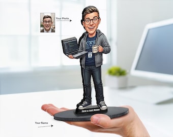 Personalized Male Software Developer Gift | Custom Programmer Caricature from Your Photo | Figurine, Magnet, Keychain & Car Charm