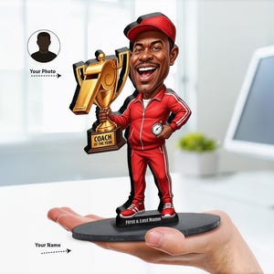 Coach of the Year Figurine | Personalized Sports Coach Caricature Trophy from Your Photo and Name | Custom Figurine Magnet Keychain CarCharm