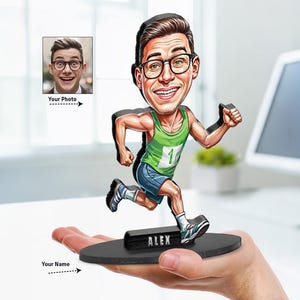Caricatura personalizada de corredor de maratona • Presente para treinador de atletismo • Conjunto de 4 peças para corredor sênior de cross country OU estátua de acrílico • Troféu personalizado para corredor