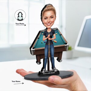 Benutzerdefinierte weibliche Pool Spieler Figur | Personalisiertes Billard Champion Geschenk von Ihrem Foto | Figur, Magnet, Schlüsselanhänger & Auto-Anhänger
