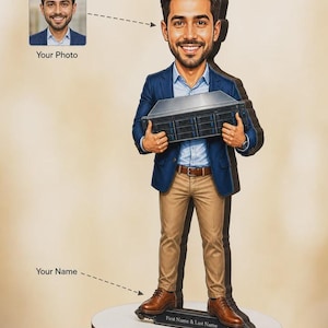 May include: A custom bobblehead figurine featuring a smiling person with dark hair wearing a blue blazer, light blue shirt, and tan trousers. The figure holds a gray server rack unit and stands on a circular base with a nameplate labeled First Name & Last Name.