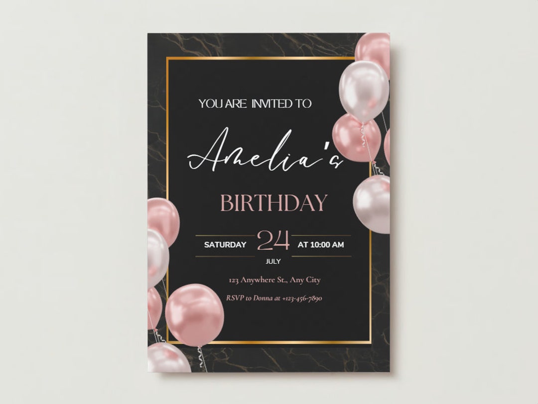 Black Birthday Invitations Template, Printable Birthday Invitation ...
