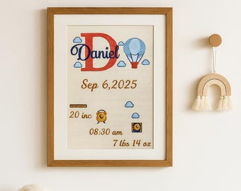 Personalized Baby Birth Stats Embroidery, Custom Nursery Wall Art, Newborn Keepsake Gift