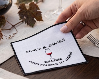 Personalized Embroidered Coaster, Partners in Wine Design, Custom Couple Names, Wedding Anniversary Gift