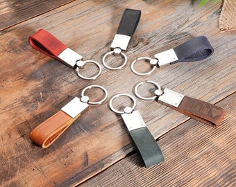 Handmade Genuine Leather Keychain, Minimalist Key Ring, 6 Colors, Gift for Him