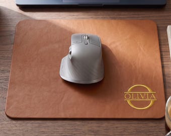 Custom Name Leather Mouse Pad, Embroidered Monogram Circle Design, Desk Gift for Her Him