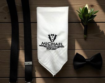 Personalized Groomsmen Handkerchief, Embroidered Wedding Pocket Square, Custom BestMan Gift, Groom Keepsake
