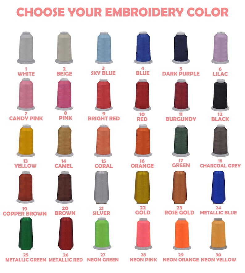 Op de afbeelding: Een kleurenkaart met de titel CHOOSE YOUR EMBROIDERY COLOR met dertig genummerde klossen garen in verschillende tinten, waaronder wit, beige, hemelsblauw, blauw, donkerpaars, lila, roze, rood, bordeaux, zwart, geel, camel, koraal, oranje, groen, antraciet, bruin, zilver, goud en neonkleuren.