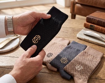 Geometric Monogram Socks, Embroidered Outline Initials, Bamboo Textured Dress Socks Present